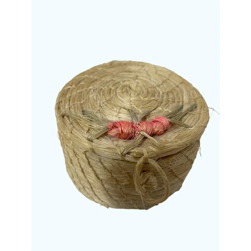 3 Miniature Straw Nesting Baskets Floral Vintage